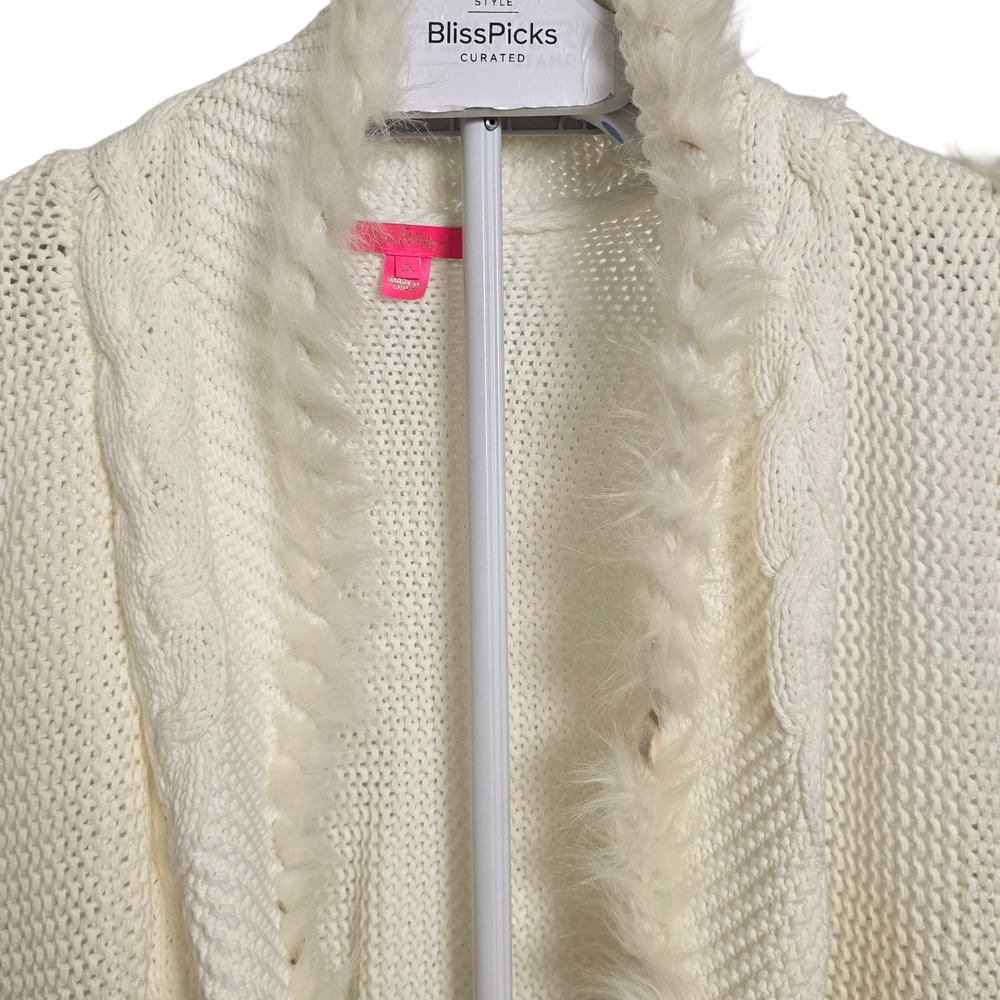 Lilly Pulitzer Cream Cable Knit Faux Fur Trim Open Front Sweater Vest XL - Picture 6 of 8